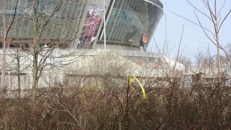 A yellow ribbon is caught in the branches of a bush in the leafless undergrowth in front of a stadium.