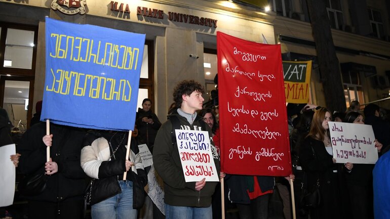 Eine Gruppe junger Demonstrierender steht mit Schildern vor einem Gebäude der Ilia State University.