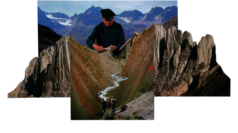 A collage made from several photographs shows a man in a rocky mountain landscape weaving a net, with a river running through its center.