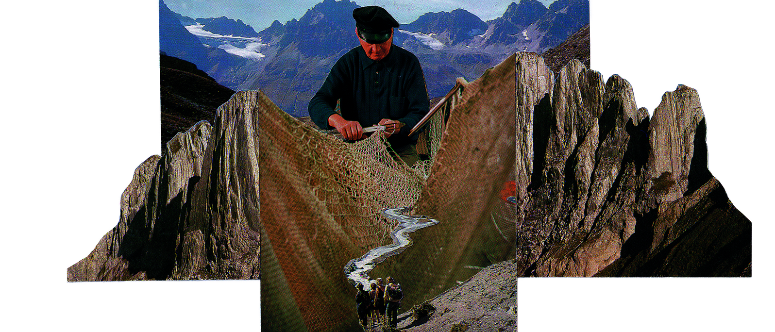 Ein collagiertes Bild aus mehreren Fotografien zeigt einen Mann in einer steinigen Berglandschaft, der ein Netz webt, in dessen Mitte ein Fluss verläuft.