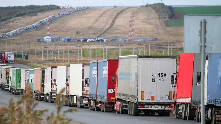 A long truck traffic jam.
